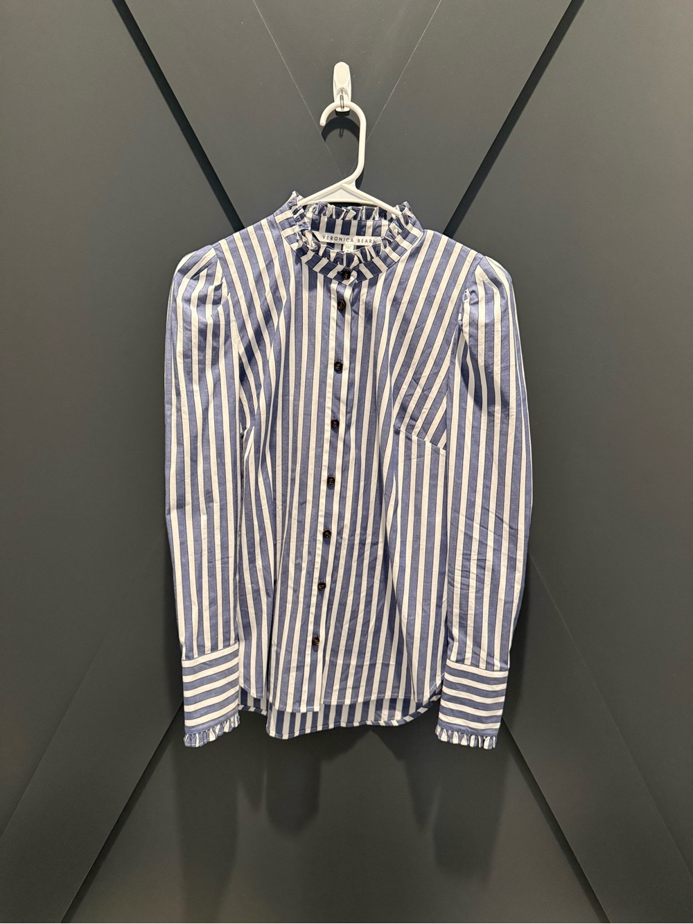 Veronica Beard Holli Blue and White Striped Ruffle Collar Button-Down Shirt - Picture 4 of 8